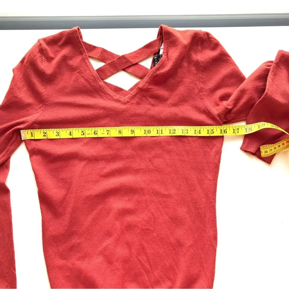 Love Ellie Sweater, Burnt Orange V Neck, Cris Cross Straps, Long Sleeve, Size XS